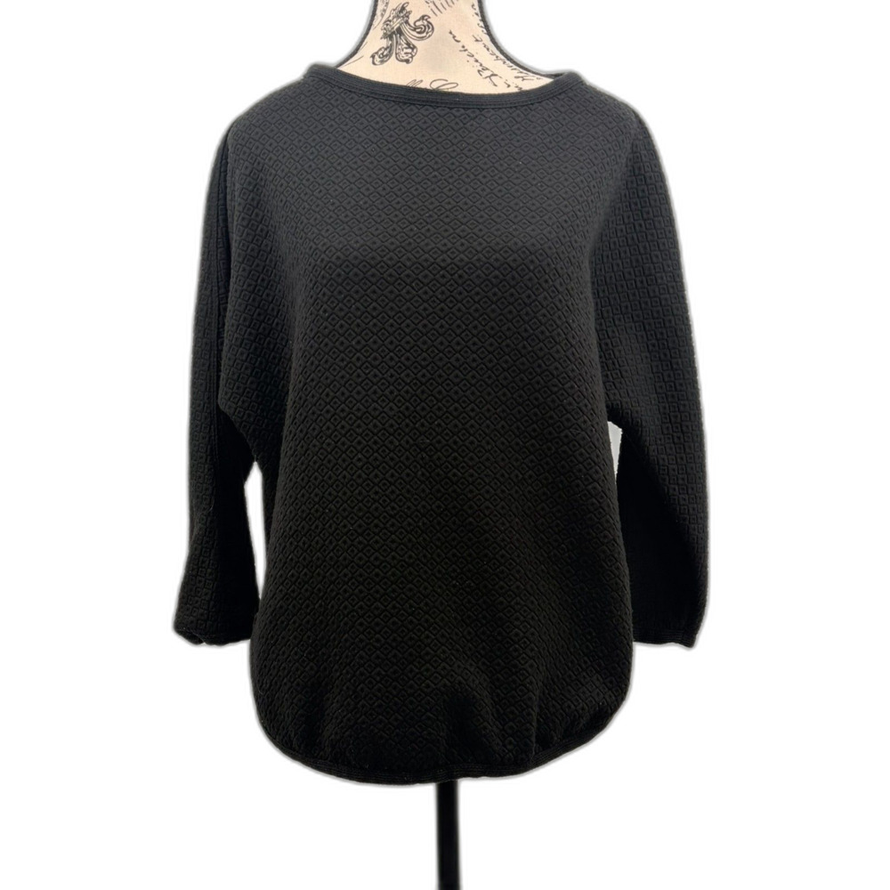 Max Studio Black Small Boxy Oversized Lightweight 3/4 Sleeve Pullover Waffle Top